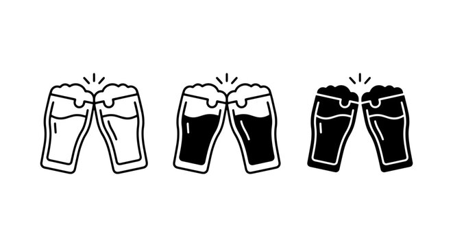 vector set of three beer glasses with foamy tops and bubbles on white background