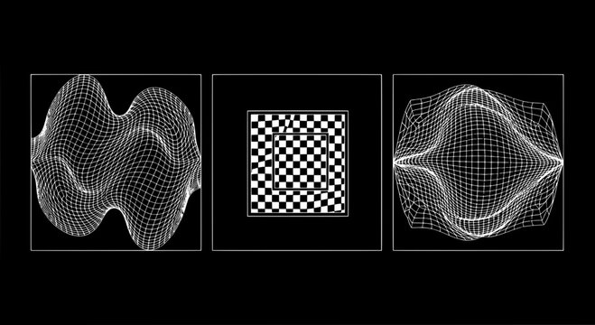 Wireframe sphere hologram set with rotating grid wave distortions in a dark modern geometric frame featuring 3D mesh, polygon, lattice with vector