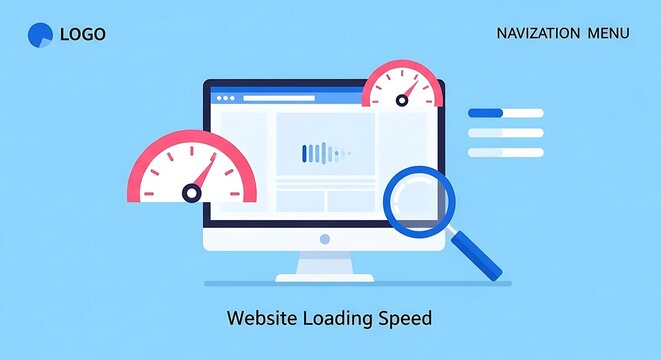 A computer monitor displays a loading speed test with a magnifying glass and gauges.