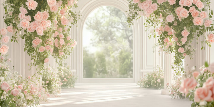 Wedding Interior. Luxury palace interior with a white marble columns, arches, floral decor and arrangements of pink roses. Bridal Ceremony Background