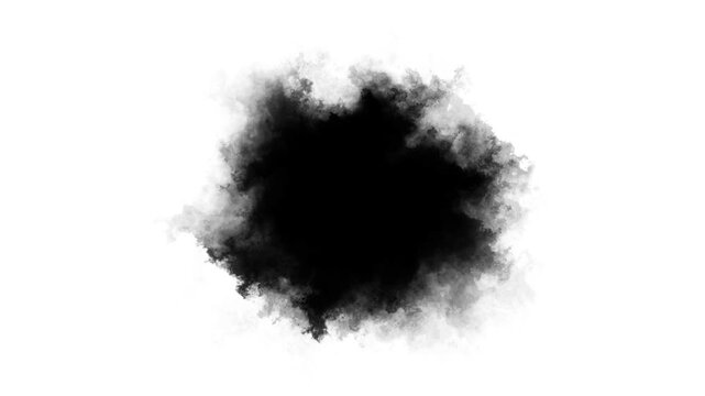 Black smoke ink cloud on white background with soft grey edges, expanding vapor texture, and dramatic abstract motion. for transition videos, reveal effects, title overlays, and artistic backgrounds.