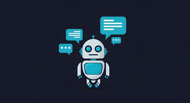 Cute robot character with speech bubbles for chat support
