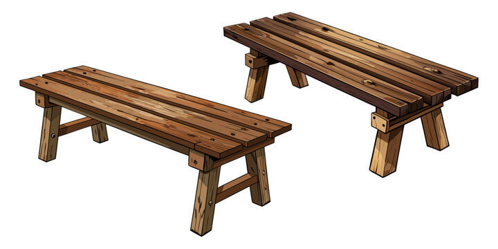 A pair of rustic backless wooden benches featuring heavy timber planks and a sturdy hand-crafted aesthetic.