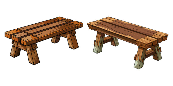 A set of two rustic, backless wooden benches featuring thick planks and a hand-crafted, sturdy appearance in a cartoon-style illustration.