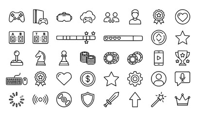 Gaming outline icon set with controller VR cloud gaming console and editable stroke vector collection © Shameem