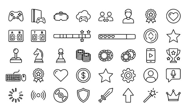 Gaming outline icon set with controller VR cloud gaming console and editable stroke vector collection