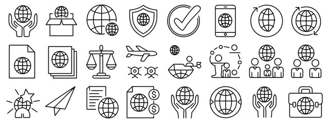 Naklejka premium Global business line icon set with law translation outsourcing finance transactions world map and delivery service concept design.