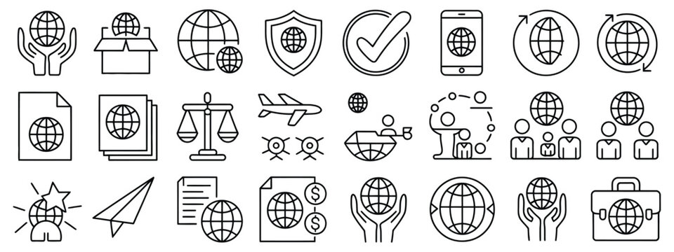 Global business line icon set with law translation outsourcing finance transactions world map and delivery service concept design.