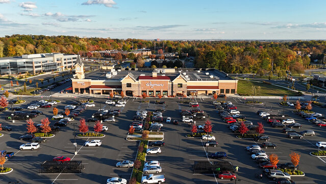 Aerial view of Wegmans grocery store and busy parking lot in suburban Wilmington, Delaware