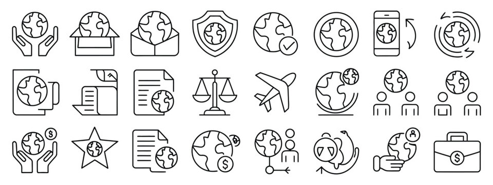 Global business line icon set with law translation outsourcing finance transactions world map and delivery service concept design.