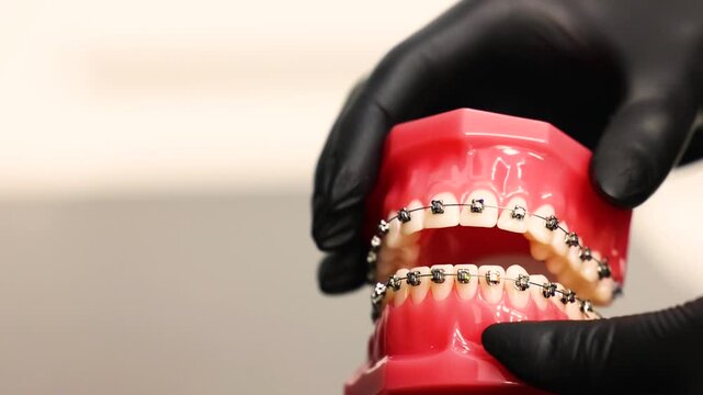 Doctor orthodontist holding and demonstrating anatomical model of human jaw with metal wire braces brackets attached for orthodontic treatment education and patient consultation