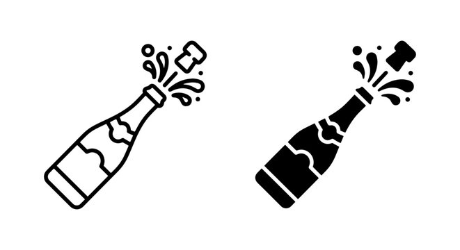 black and white champagne bottle silhouettes with bubbles on white background