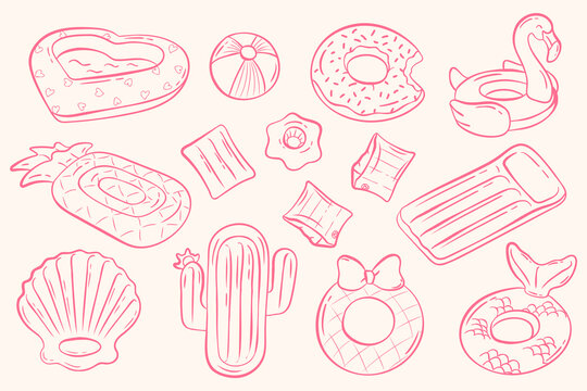 Hand drawn inflatable summer pool floats collection in minimal line art style. Set includes flamingo, pineapple, cactus, heart shaped float, donut ring, flower drink holder, air mattress, pillow, arm 