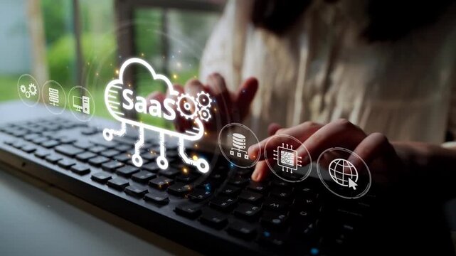 Visual representation of SaaS showing infrastructure, SaaS deployment, SaaS platform features, and SaaS integration model in digital environment. Muxer