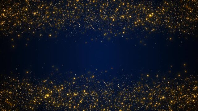 Gold star glitter border with dark blue center space, dense sparkling particles, and elegant celebration mood. for award videos, holiday titles, event promos, luxury intros, and festive overlays.