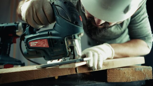 Carpenter Using Electric Jigsaw To Cut Wooden Plank. Carpentry Service. Creating Timber Product