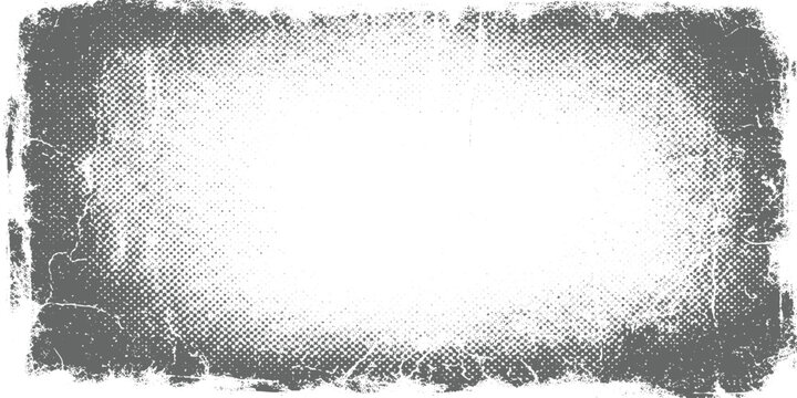 Grunge border texture, white center with dark rough edges, black distressed frame, scratches and dust, vignette effect, worn vintage background texture design.