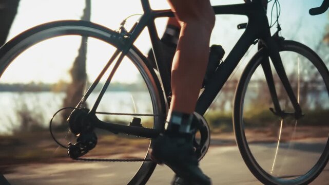 Cyclist Riding Road Bike On Asphalt Path. Training For Triathlon Competition In Park