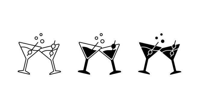 set of three martini glass silhouettes with olives and bubbles in black and white outline style