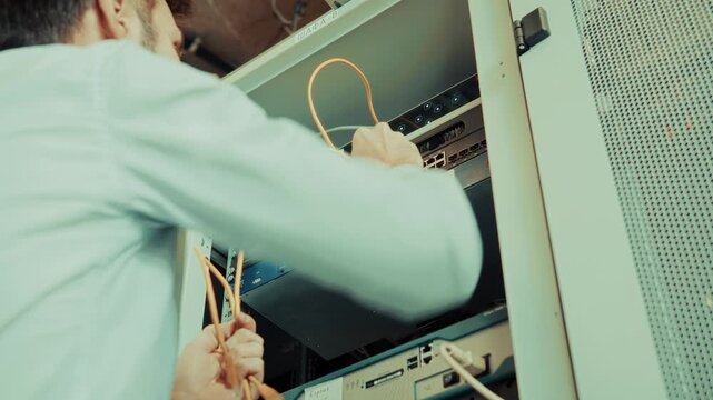 Technician Maintaining Network Infrastructure and Hardware Equipment. Support for Information Technology. Internet Connection Setup