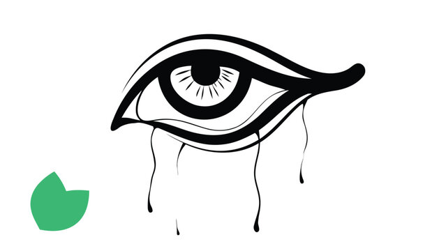 Crying eye, green tear, vector illustration, emotive symbol, black and white