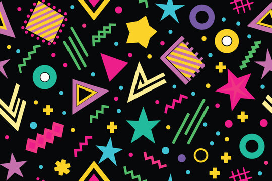 eighties inspired geometric pattern with vibrant shapes and colors