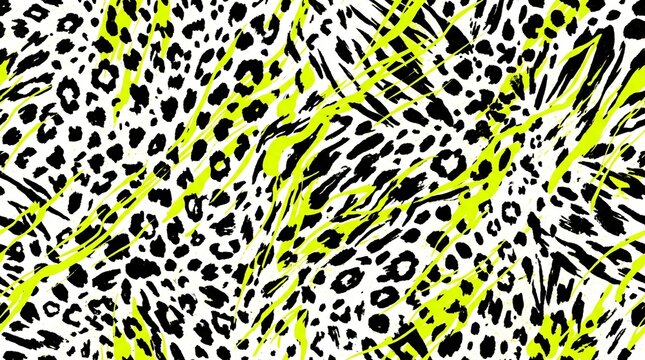 Neon yellow abstract zebra and leopard print on white dynamic animalistic pattern for design