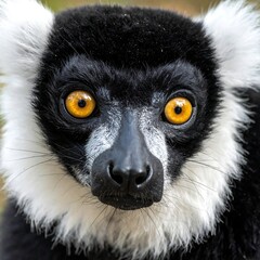 Fototapeta premium A close-up of a black and white lemur with striking yellow eyes