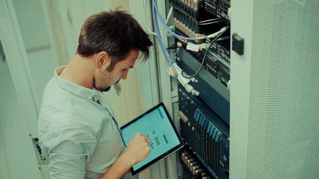 System Administrator Working in Data Center Room. Technical Support And Troubleshooting Mainframe Equipment