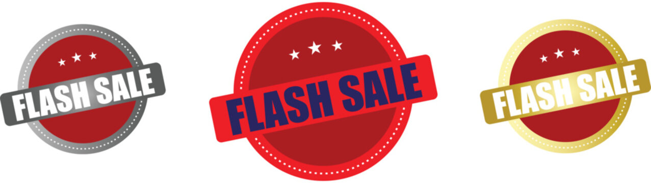 Set of three Flash Sale badge stamps in red, silver and gold, isolated promotional discount labels on white background. 