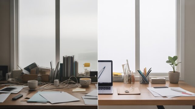 Cluttered Desk Vs Organized Home Office With Laptop, Stationery, Plant And Natural Window Light
Productivity, Decluttering, Workspace Cleaning, Minimal Office Setup And Work Life Balance Concept