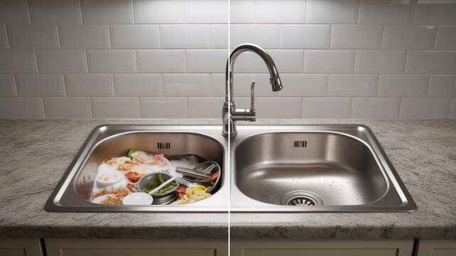 Before And After Kitchen Sink Cleaning Concept, Dirty Dish-Filled Sink Transformed Into Shiny Clean Sink
Messy Kitchen Sink Vs Clean Stainless Steel Sink With Faucet, Tiles And Modern Countertop Inter
