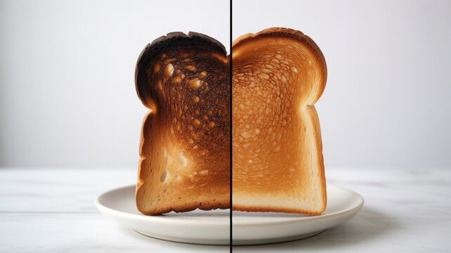 Before And After Toast Concept, Burnt Bread Transformed Into Perfect Golden Toast On White Plate
Overcooked Toast Vs Crispy Breakfast Bread Slice Showing Cooking Mistake And Ideal Toasting Result
Food