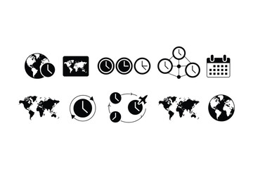 Obraz premium Global time zones and world map icon set representing international travel scheduling and coordination concept design.