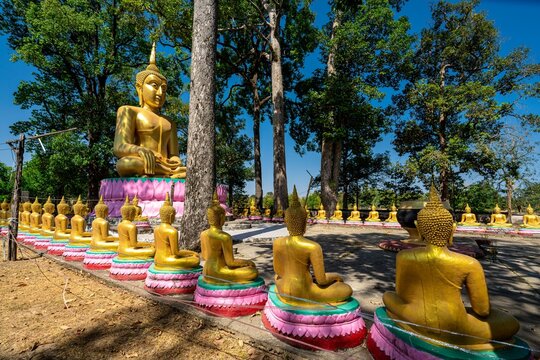 Golden Buddha statues garden Hotay Pidok Buddhist temple Laos