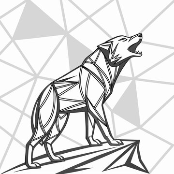 Geometric wolf howling on rocky peak in low poly style illustration with abstract art geometric polygonal triangle illustration stylized contemporary minimalist wildlife mountain abstract