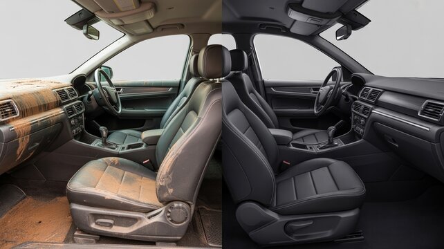 Car Interior Detailing Before and After, Dirty Vehicle Cabin Cleaning and Professional Auto Restoration Comparison