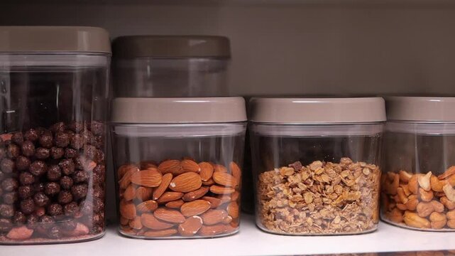 Organizing snacks in clear containers in kitchen cupboard