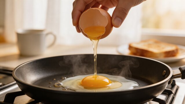 A person preparing a simple breakfast by cracking an egg into a hot frying pan on a stovetop with toast and coffee in the background