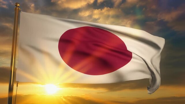 日の出の黄金光に包まれる荘厳な日本国旗