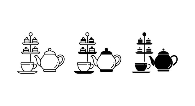 vector tea pot and dessert stand icons on white background