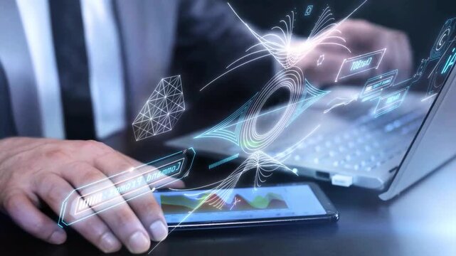 A businessman using AI technology and a futuristic HUD interface to analyze financial data charts on a smartphone and laptop.