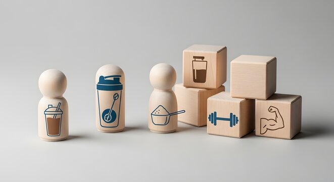 Fitness and nutrition concept featuring wooden figures and blocks with symbols of protein shakes, supplements, and strength training to support a healthy lifestyle journey