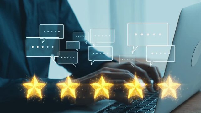 A visual representation showing hands typing on a laptop with glowing chat bubbles and golden stars, illustrating feedback, rating, and digital communication in a professional setting. Qubit