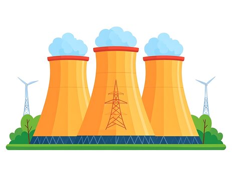 Nuclear power plant with cooling towers.