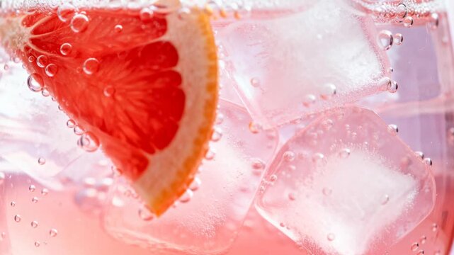 Refreshing grapefruit sparkling drink with ice cubes and fizzing bubbles