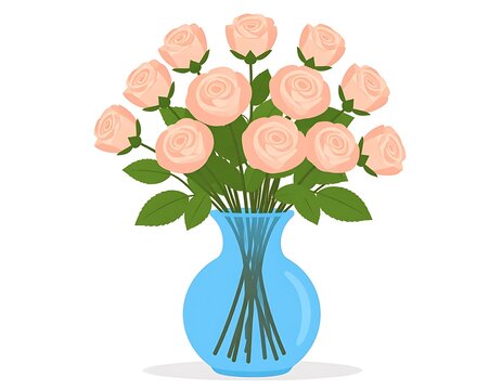 Pink roses in blue vase bouquet.