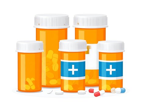 Prescription medication and pills in bottles.