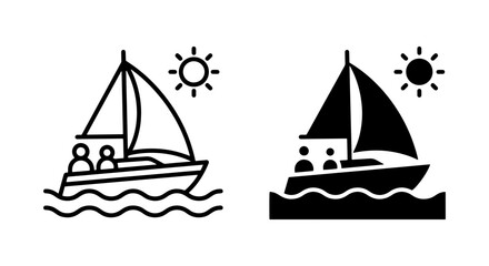 Sailboat Icons: Two styles, line art and solid fill, depicting sailing on sunny ocean waves with people aboard, vector graphics for travel and leisure themes. © Shuvo