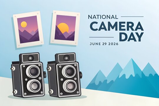 Twin vintage twin lens reflex cameras displayed neatly on a white surface celebrate national camera day with artistic landscape photographs hung on the wall behind them representing the professional h